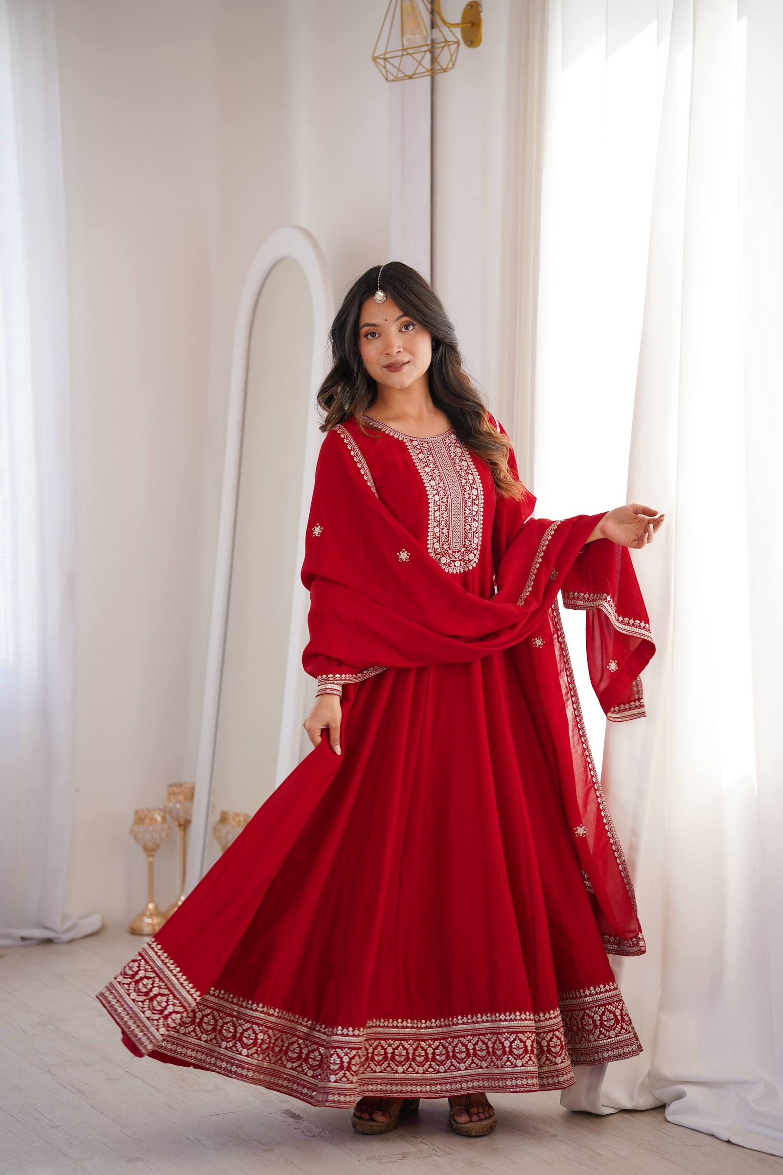 Red Vichitra Silk Kali Anarkali Gown ClothsVilla