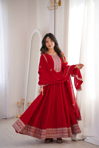 Red Vichitra Silk Kali Anarkali Gown ClothsVilla