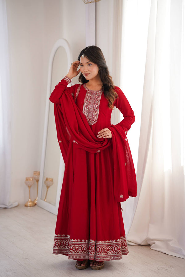 Red Vichitra Silk Kali Anarkali Gown ClothsVilla