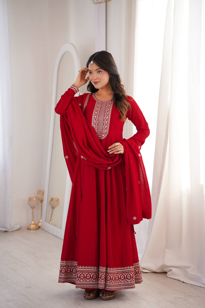 Red Vichitra Silk Kali Anarkali Gown ClothsVilla