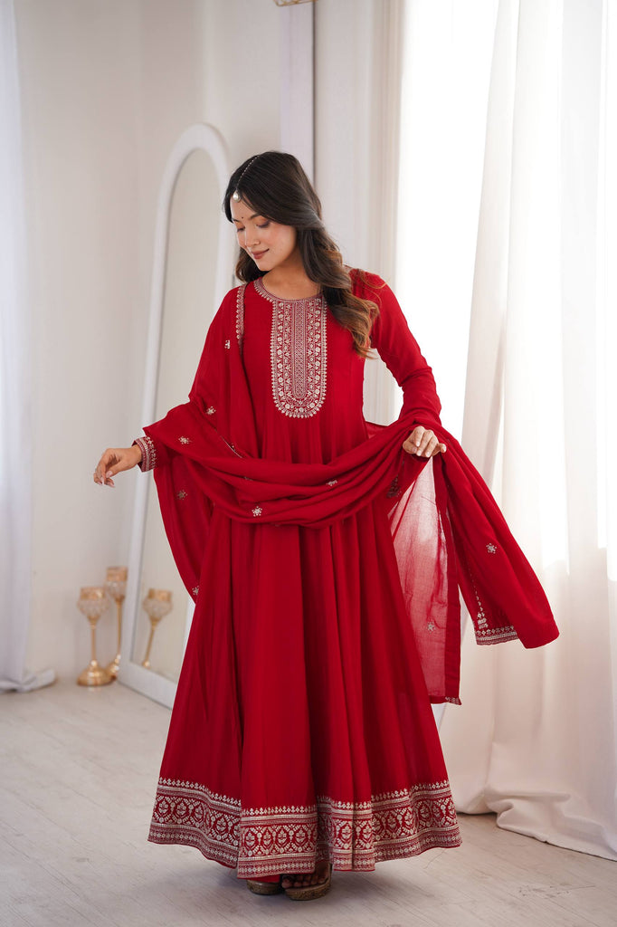 Red Vichitra Silk Kali Anarkali Gown ClothsVilla