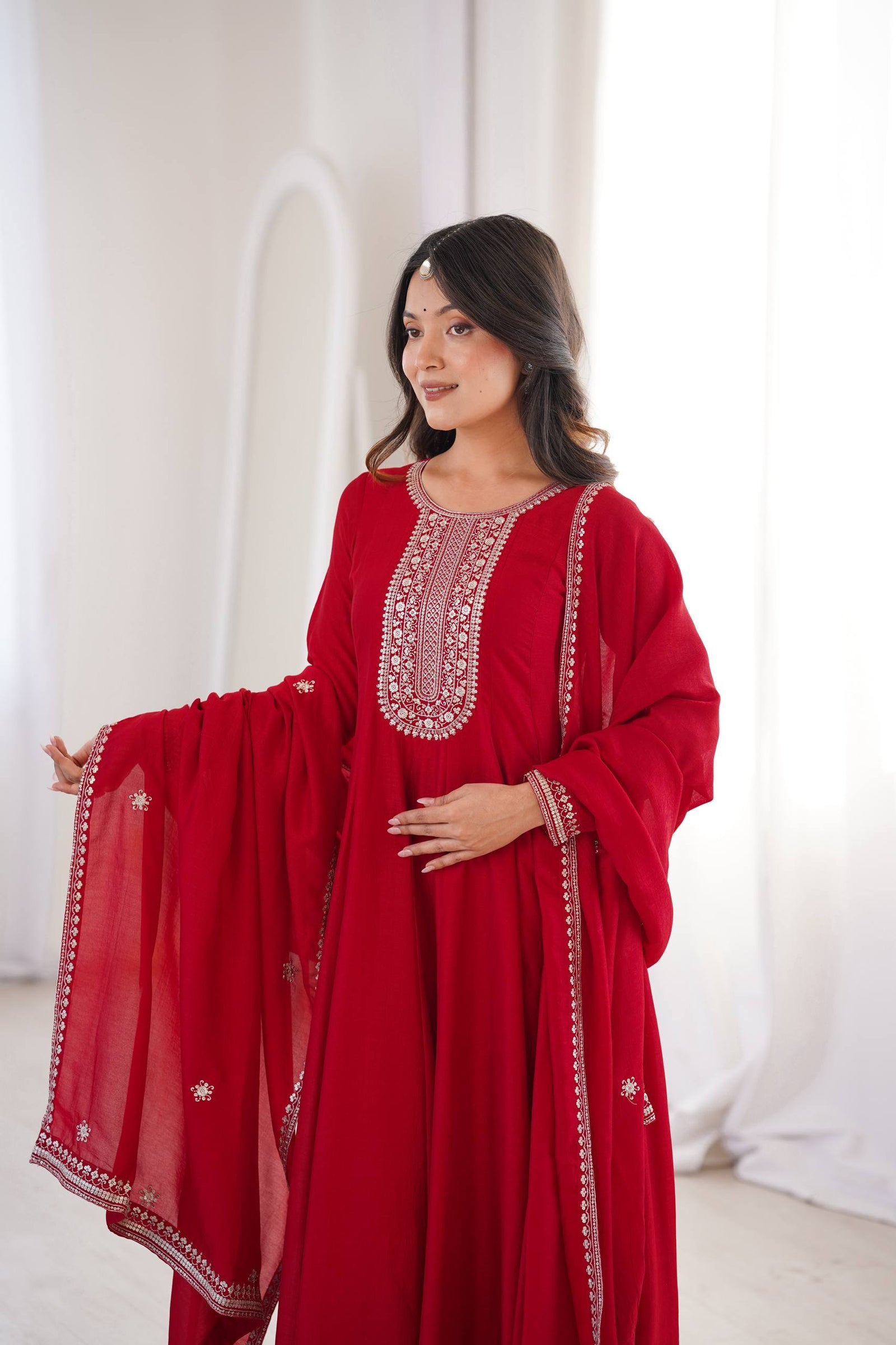 Red Vichitra Silk Kali Anarkali Gown ClothsVilla