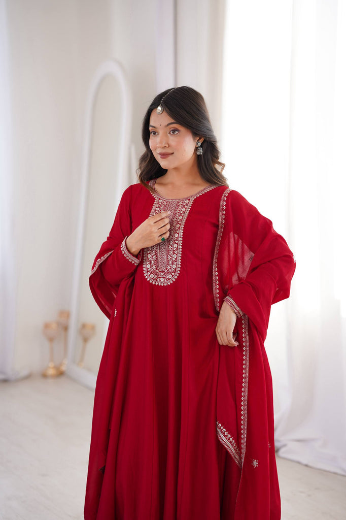 Red Vichitra Silk Kali Anarkali Gown ClothsVilla