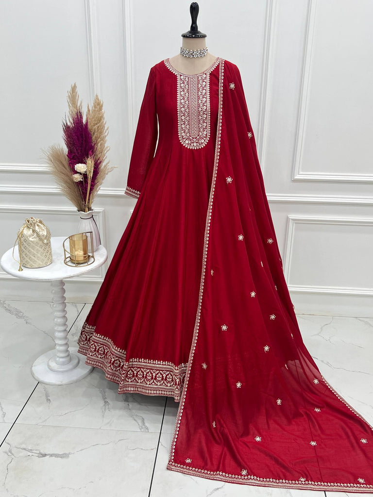 Red Vichitra Silk Kali Anarkali Gown ClothsVilla