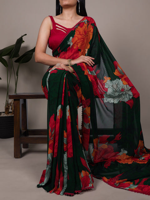 Red Weightless Marbal Floral Printed Saree with Lace Border & Unstitched Banglory Plain Blouse ClothsVilla Main image