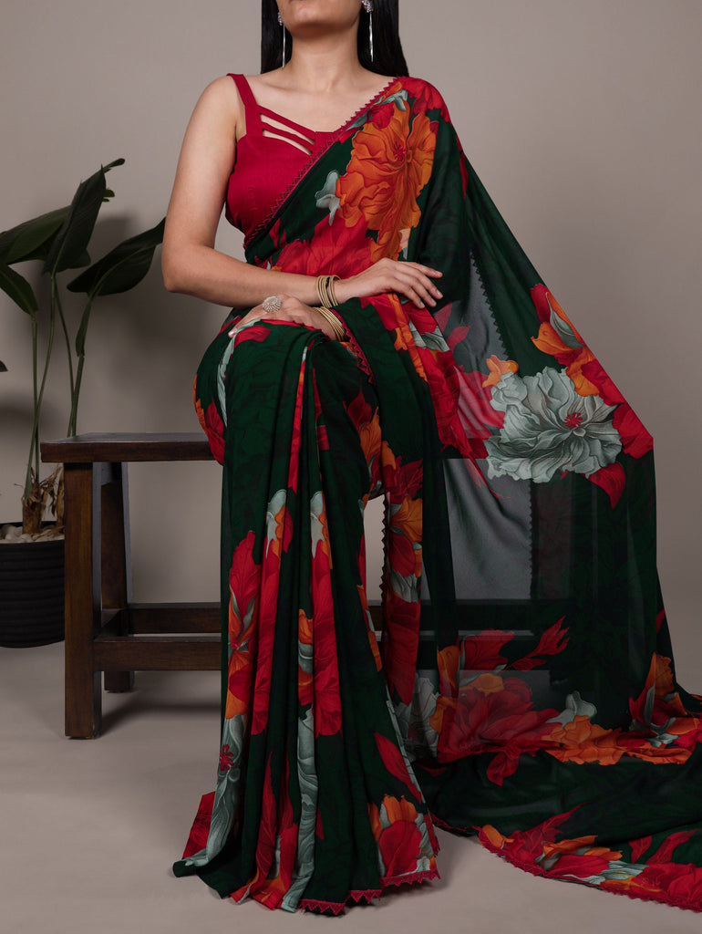 Red Weightless Marbal Floral Printed Saree with Lace Border & Unstitched Banglory Plain Blouse ClothsVilla