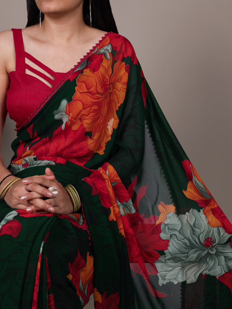 Red Weightless Marbal Floral Printed Saree with Lace Border & Unstitched Banglory Plain Blouse ClothsVilla