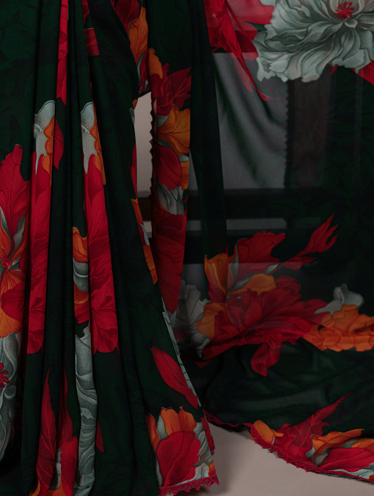 Red Weightless Marbal Floral Printed Saree with Lace Border & Unstitched Banglory Plain Blouse ClothsVilla