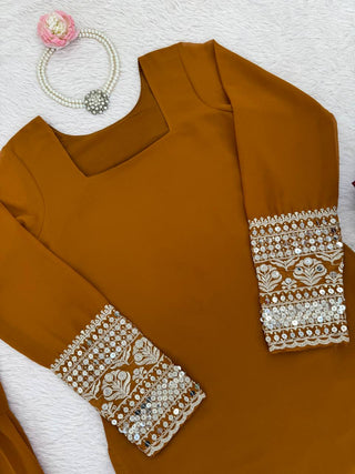 Reddish Brown Faux Georgette Thread & Sequins Sharara Set with Net Dupatta ClothsVilla
