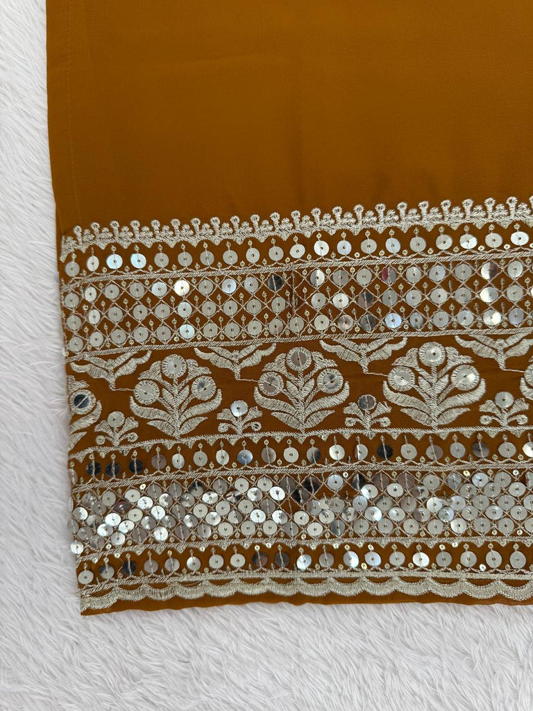 Reddish Brown Faux Georgette Thread & Sequins Sharara Set with Net Dupatta ClothsVilla