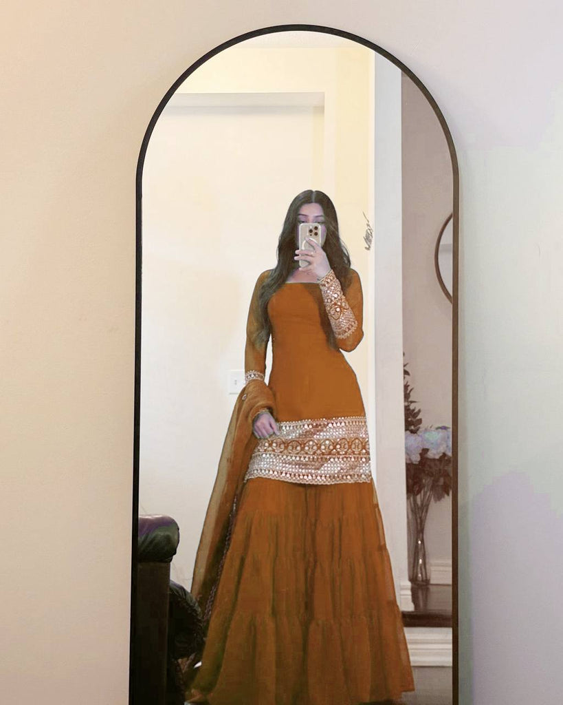 Reddish Brown Faux Georgette Thread & Sequins Sharara Set with Net Dupatta ClothsVilla