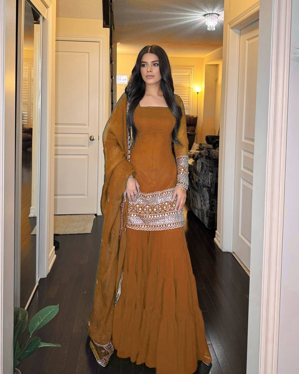 Reddish Brown Faux Georgette Thread & Sequins Sharara Set with Net Dupatta ClothsVilla