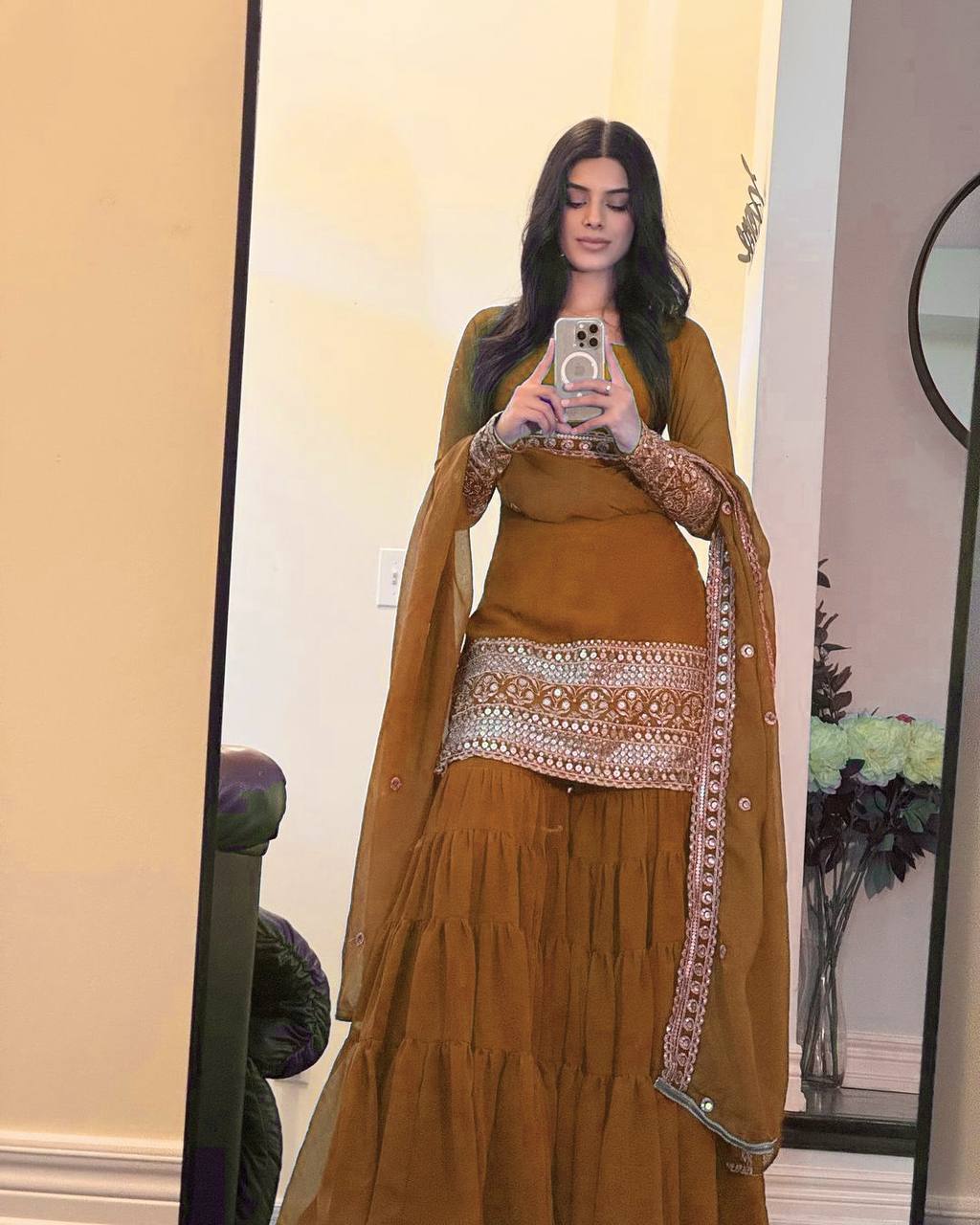 Reddish Brown Faux Georgette Thread & Sequins Sharara Set with Net Dupatta ClothsVilla