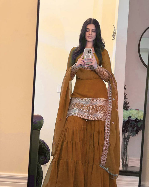 Reddish Brown Faux Georgette Thread & Sequins Sharara Set with Net Dupatta ClothsVilla