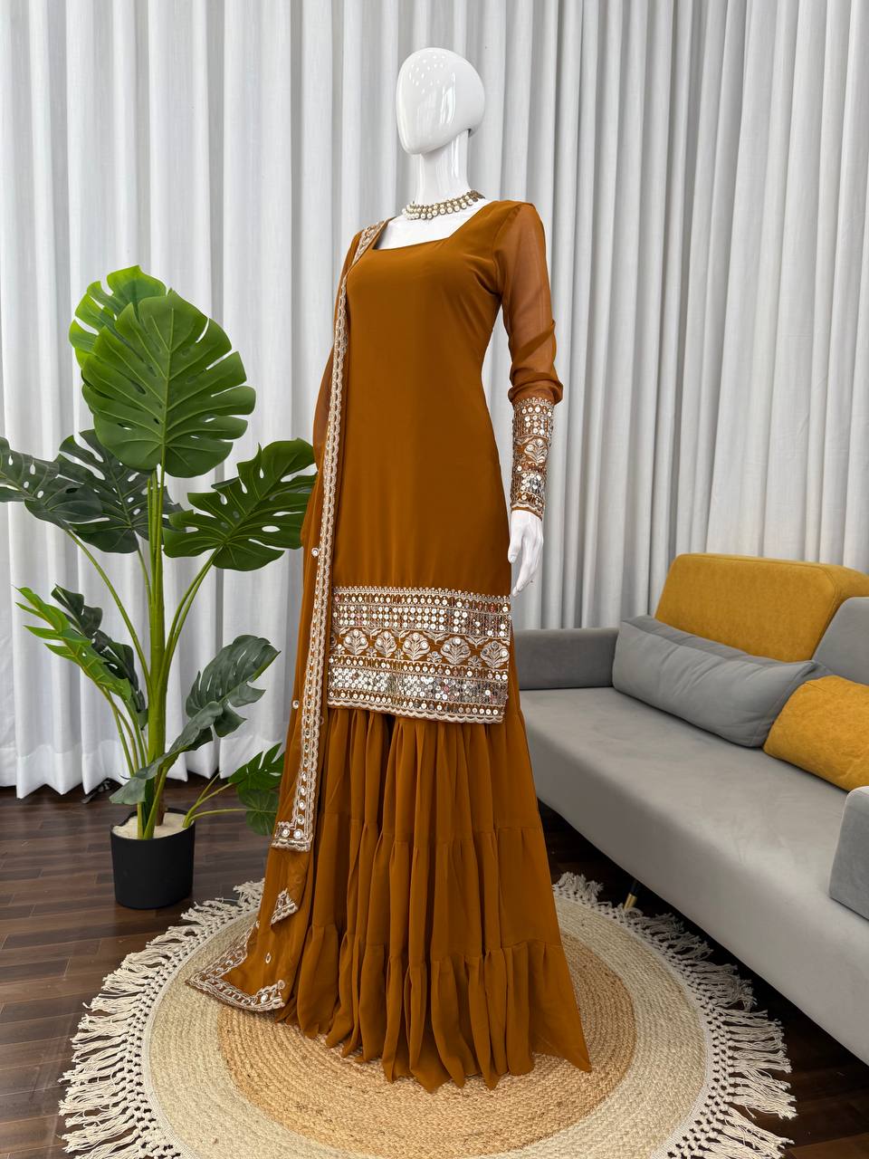 Reddish Brown Faux Georgette Thread & Sequins Sharara Set with Net Dupatta ClothsVilla