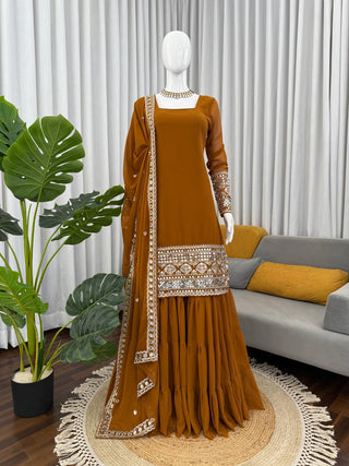 Reddish Brown Faux Georgette Thread & Sequins Sharara Set with Net Dupatta ClothsVilla