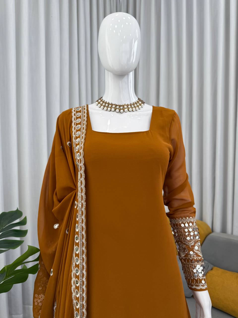 Reddish Brown Faux Georgette Thread & Sequins Sharara Set with Net Dupatta ClothsVilla