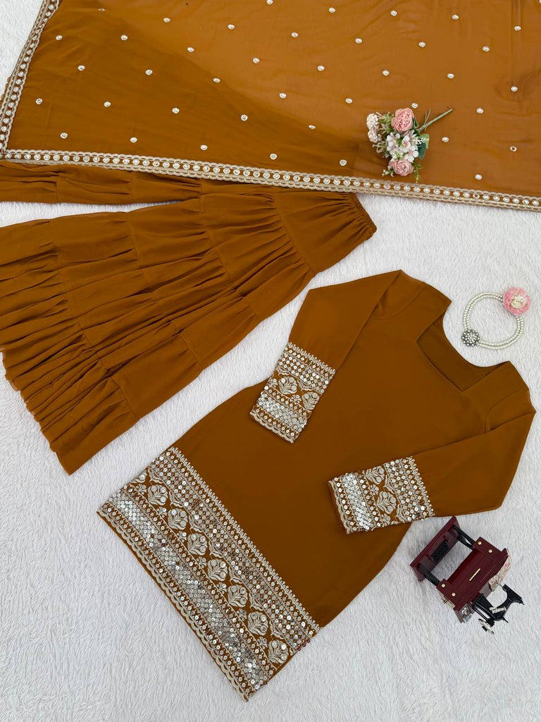 Reddish Brown Faux Georgette Thread & Sequins Sharara Set with Net Dupatta ClothsVilla