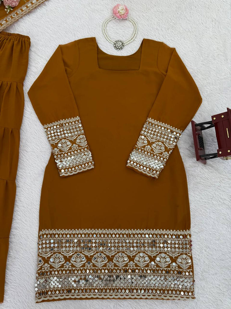 Reddish Brown Faux Georgette Thread & Sequins Sharara Set with Net Dupatta ClothsVilla