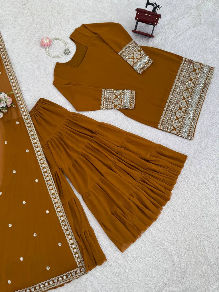 Reddish Brown Faux Georgette Thread & Sequins Sharara Set with Net Dupatta ClothsVilla