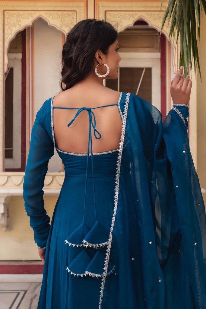 Regal Blue Heavy Faux Georgette Anarkali Suit Set | 3-Piece Ethnic Wear | Elegant Flair & Lace Dupatta | Premium Party & Festive Outfit ClothsVilla