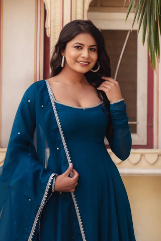 Regal Blue Heavy Faux Georgette Anarkali Suit Set | 3-Piece Ethnic Wear | Elegant Flair & Lace Dupatta | Premium Party & Festive Outfit ClothsVilla