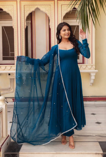 Regal Blue Heavy Faux Georgette Anarkali Suit Set | 3-Piece Ethnic Wear | Elegant Flair & Lace Dupatta | Premium Party & Festive Outfit ClothsVilla