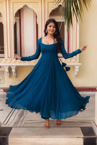 Regal Blue Heavy Faux Georgette Anarkali Suit Set | 3-Piece Ethnic Wear | Elegant Flair & Lace Dupatta | Premium Party & Festive Outfit ClothsVilla