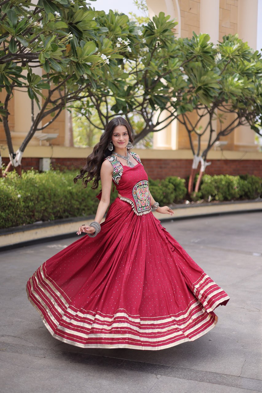 Reyon Gamthi Mirror Work Lehenga Set ClothsVilla