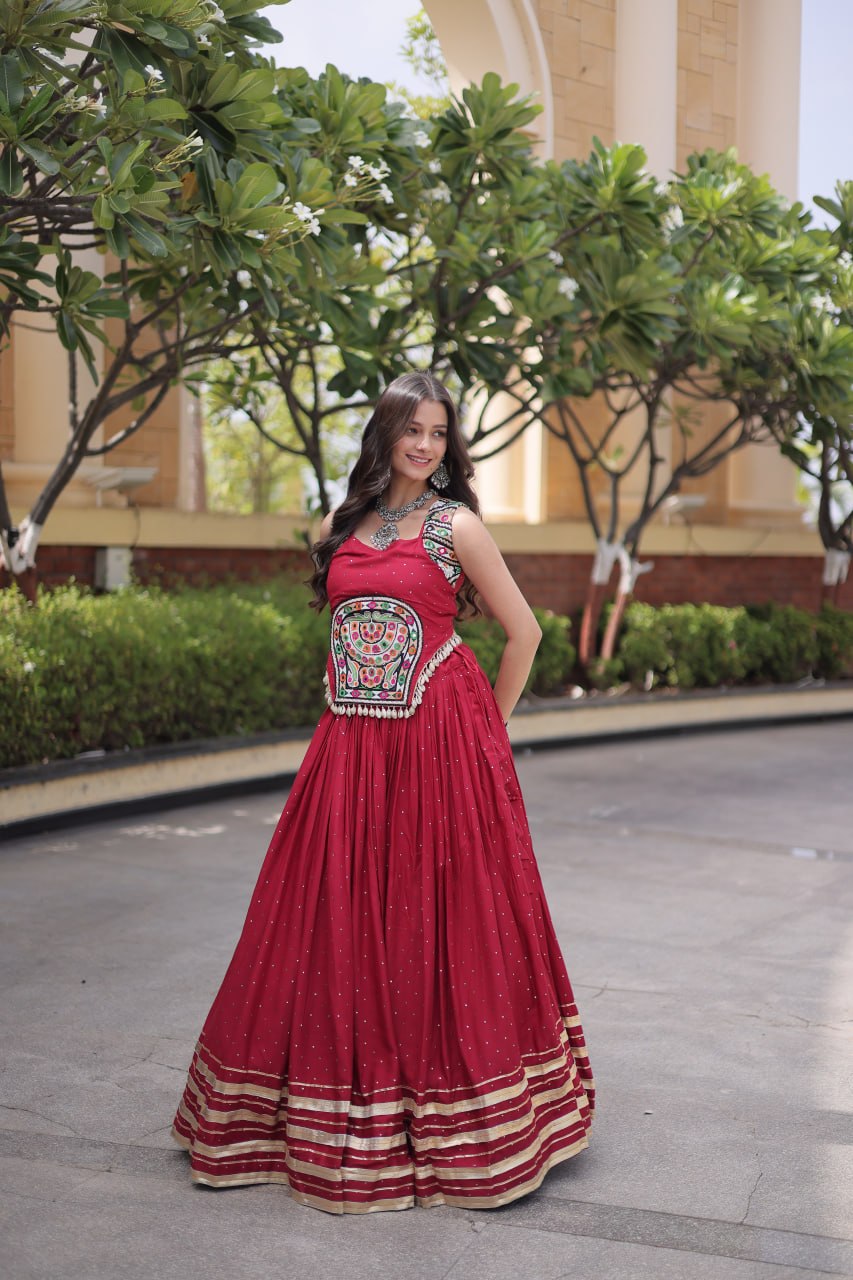 Reyon Gamthi Mirror Work Lehenga Set ClothsVilla