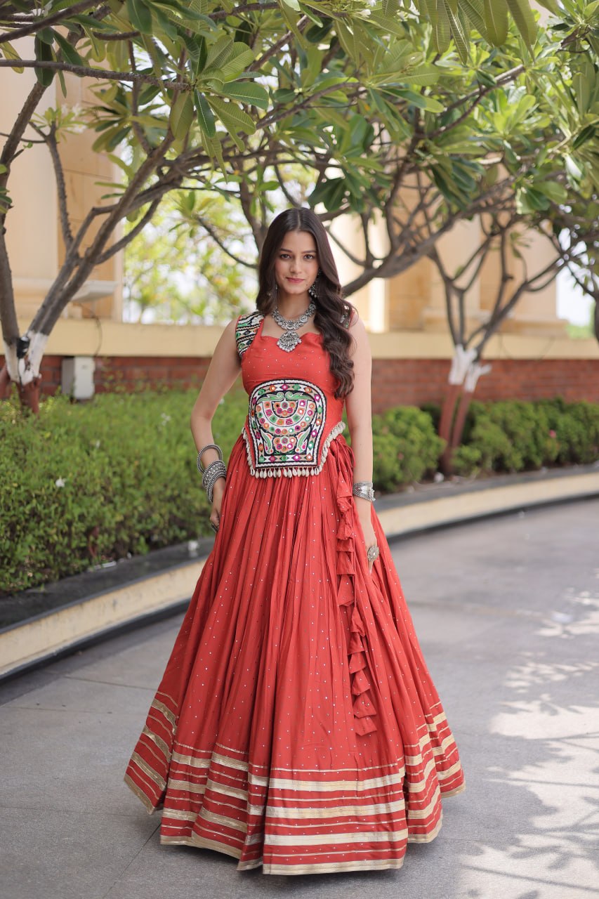 Reyon Gamthi Mirror Work Lehenga Set ClothsVilla