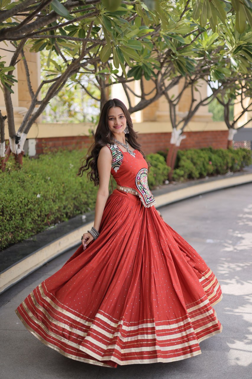 Reyon Gamthi Mirror Work Lehenga Set ClothsVilla