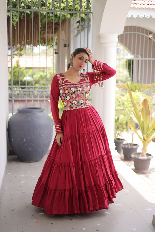 Reyon Kutchi Gamthi Embroidered Mirror Work Gown Clothsvilla