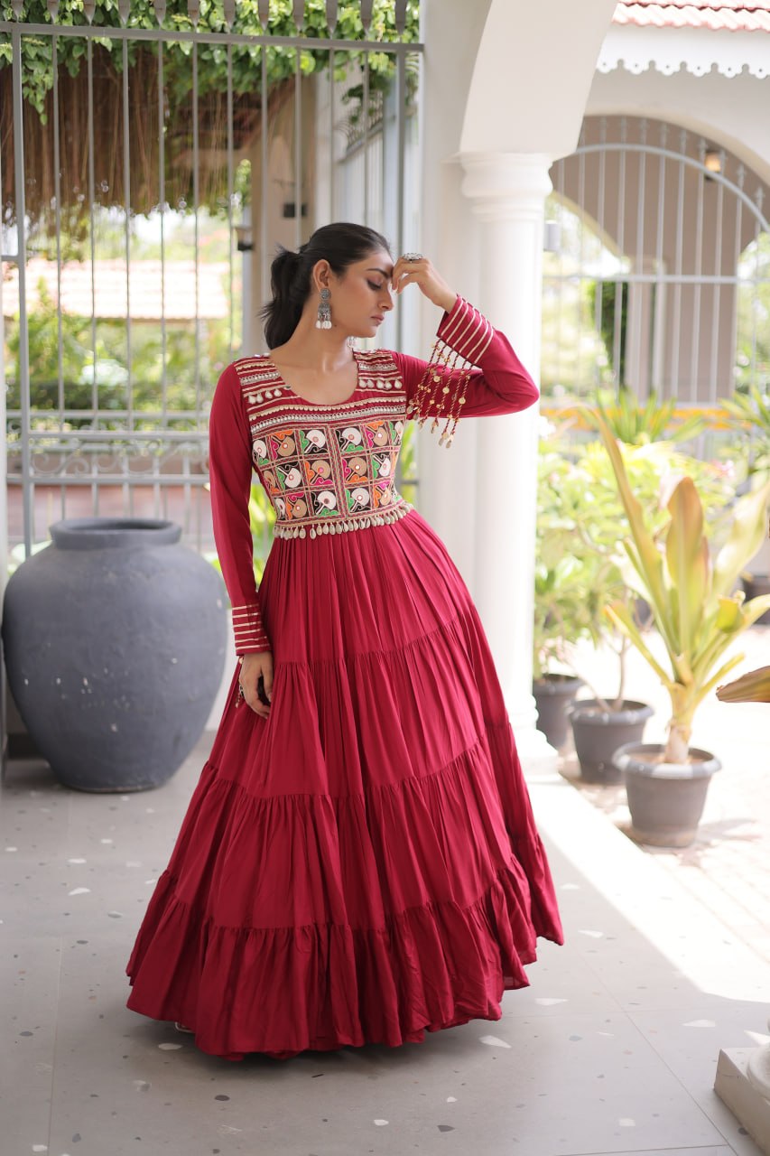 Reyon Kutchi Gamthi Embroidered Mirror Work Gown Clothsvilla