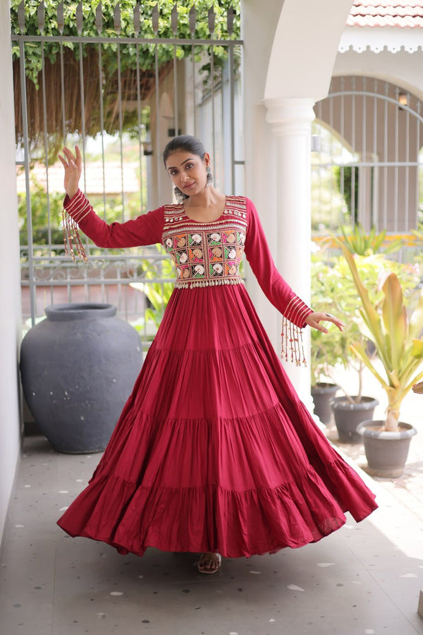 Reyon Kutchi Gamthi Embroidered Mirror Work Gown Clothsvilla