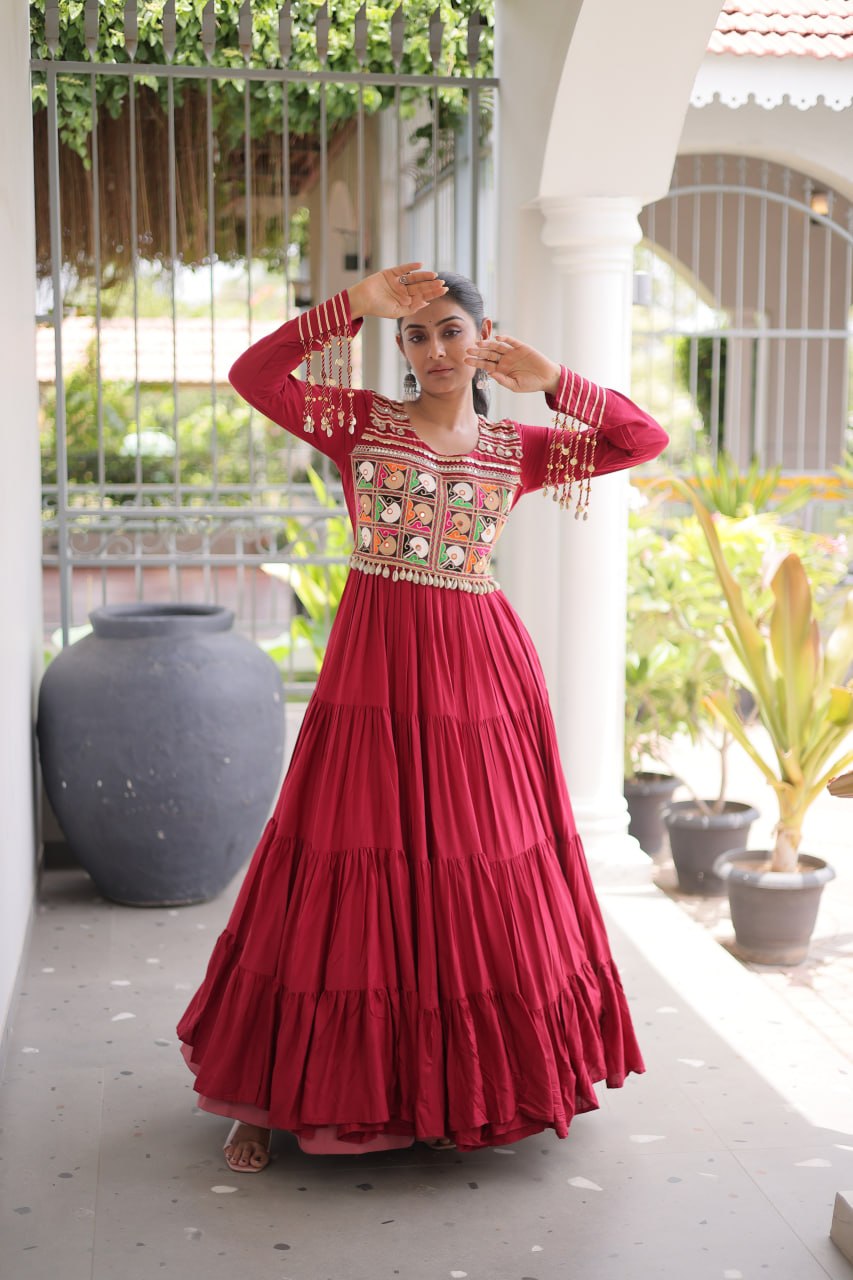 Reyon Kutchi Gamthi Embroidered Mirror Work Gown Clothsvilla