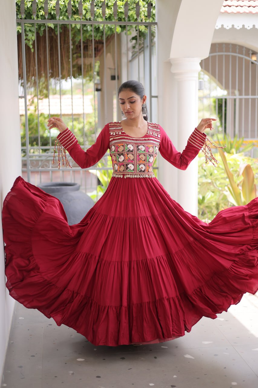 Reyon Kutchi Gamthi Embroidered Mirror Work Gown Clothsvilla