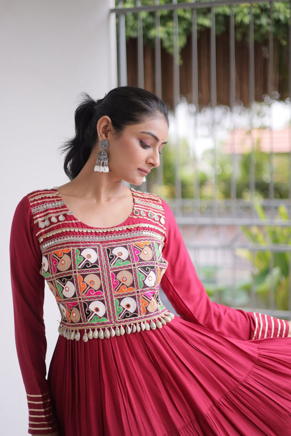 Reyon Kutchi Gamthi Embroidered Mirror Work Gown Clothsvilla