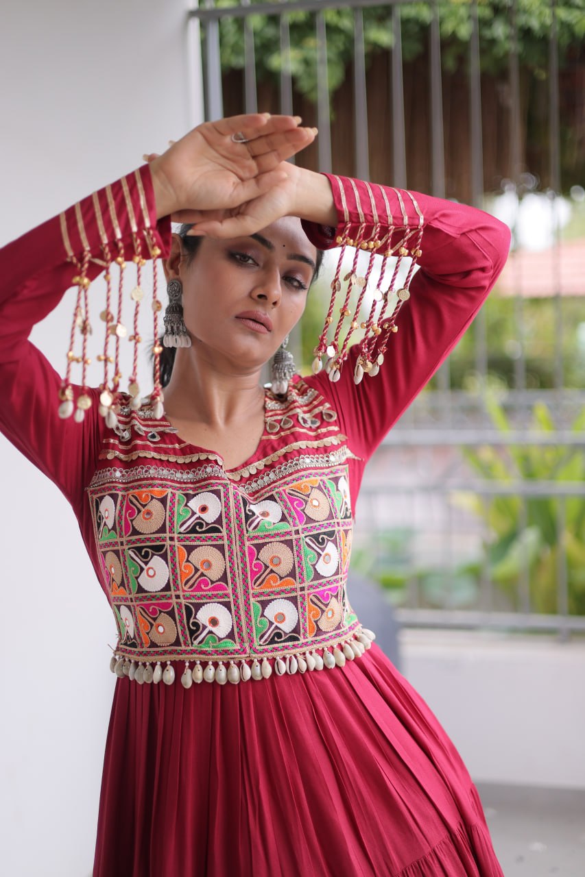 Reyon Kutchi Gamthi Embroidered Mirror Work Gown Clothsvilla