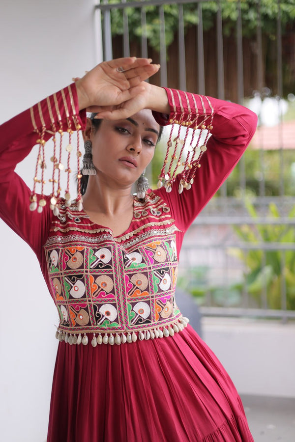 Reyon Kutchi Gamthi Embroidered Mirror Work Gown Clothsvilla