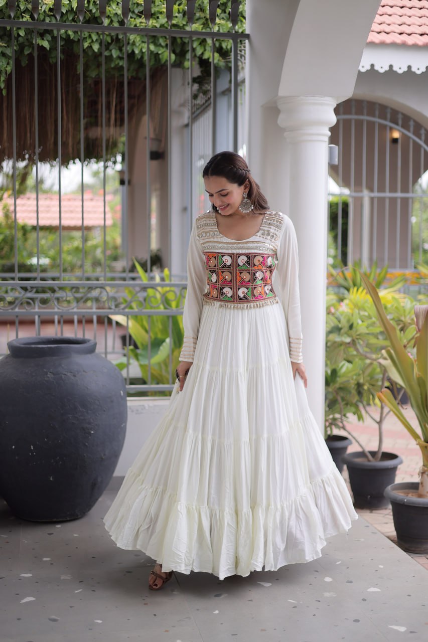 Reyon Kutchi Gamthi Embroidered Mirror Work Gown Clothsvilla