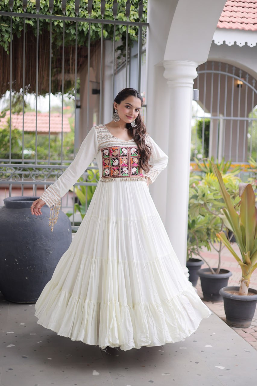 Reyon Kutchi Gamthi Embroidered Mirror Work Gown Clothsvilla