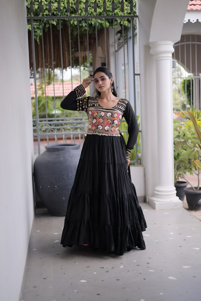 Reyon Kutchi Gamthi Embroidered Mirror Work Gown Clothsvilla