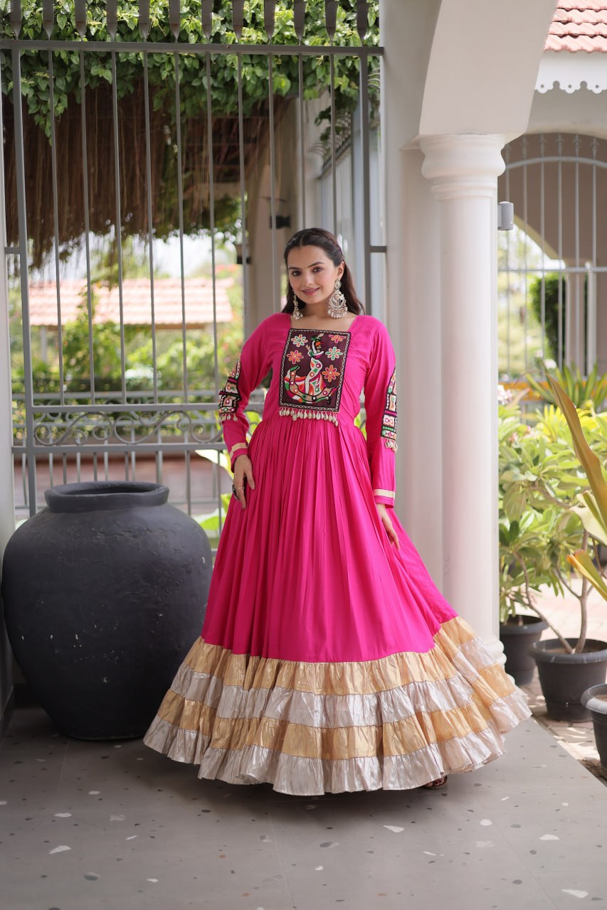 Reyon Kutchi Gamthi Thread Work Gown Clothsvilla