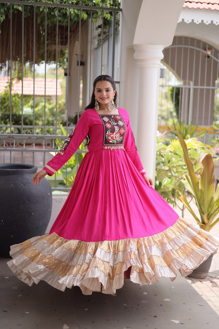 Reyon Kutchi Gamthi Thread Work Gown Clothsvilla