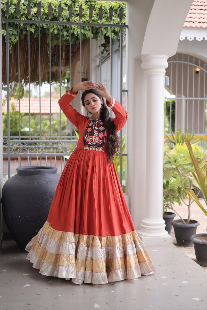 Reyon Kutchi Gamthi Thread Work Gown Clothsvilla
