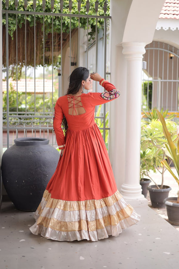 Reyon Kutchi Gamthi Thread Work Gown Clothsvilla