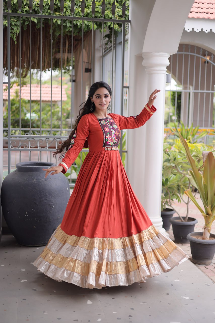 Reyon Kutchi Gamthi Thread Work Gown Clothsvilla
