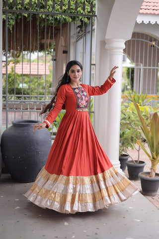 Reyon Kutchi Gamthi Thread Work Gown Clothsvilla