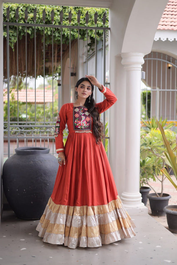 Reyon Kutchi Gamthi Thread Work Gown Clothsvilla